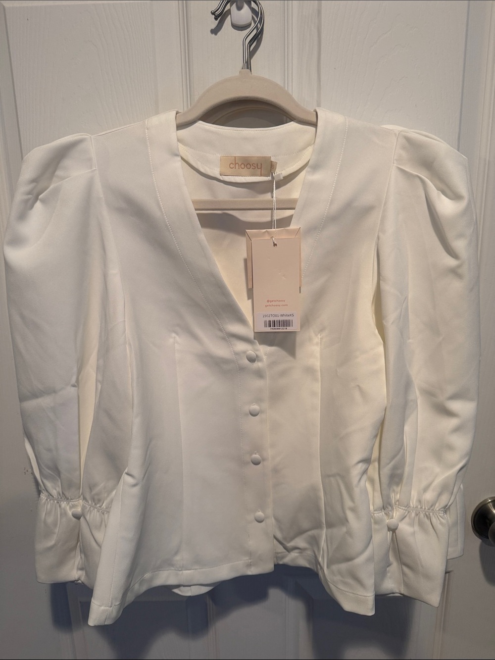 Choosy White V-Neck Button Front Puff Sleeve Blouse